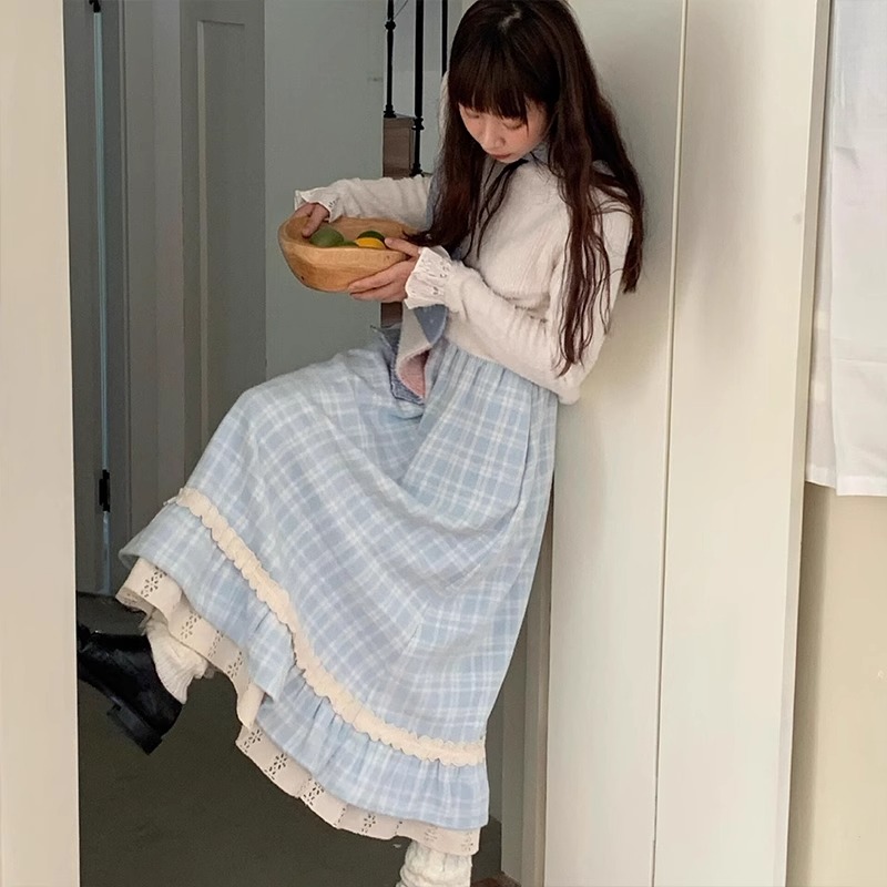 baby蓝色甜美毛呢a字半身裙女春