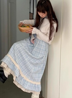 baby蓝色甜美毛呢a字半身裙女春秋冬松紧高腰小个子长款花边裙子