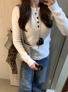 韩系白色修身打底衫针织衫女秋冬慵懒半开领纽扣外穿内搭长袖上衣