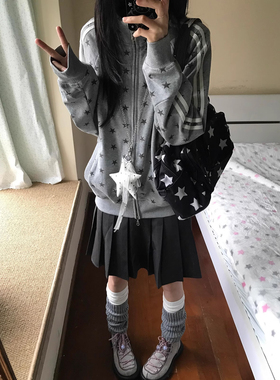 美式复古灰色立领卫衣女秋冬碎片星星印花侧边条纹运动风外套上衣