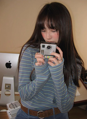 辣妹撞色条纹双面德绒高领t恤秋冬保暖打底衫可外穿长袖内搭上衣