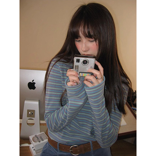 辣妹撞色条纹双面德绒高领t恤秋冬保暖打底衫可外穿长袖内搭上衣