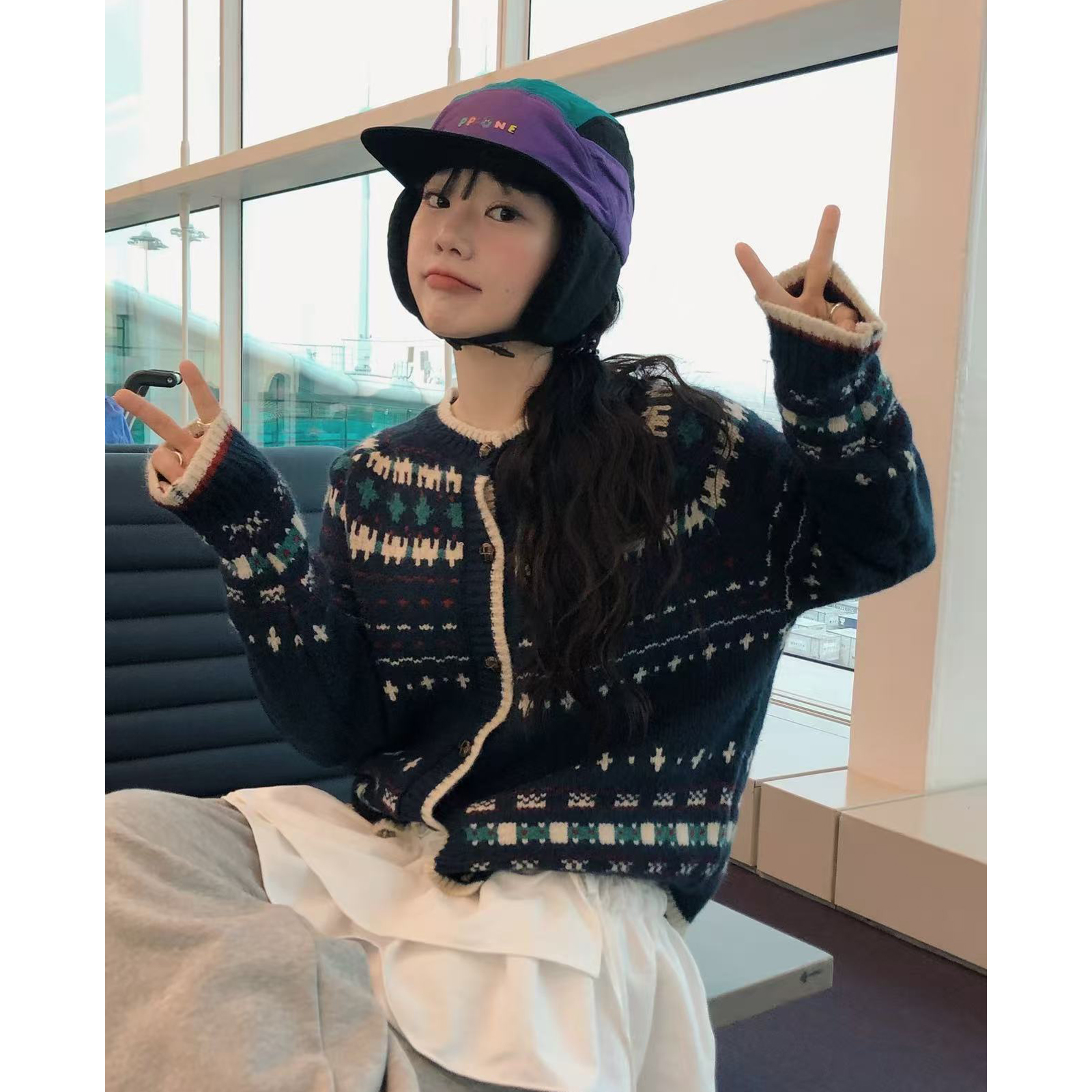 撞色复古提花圆领费尔岛毛衣开衫