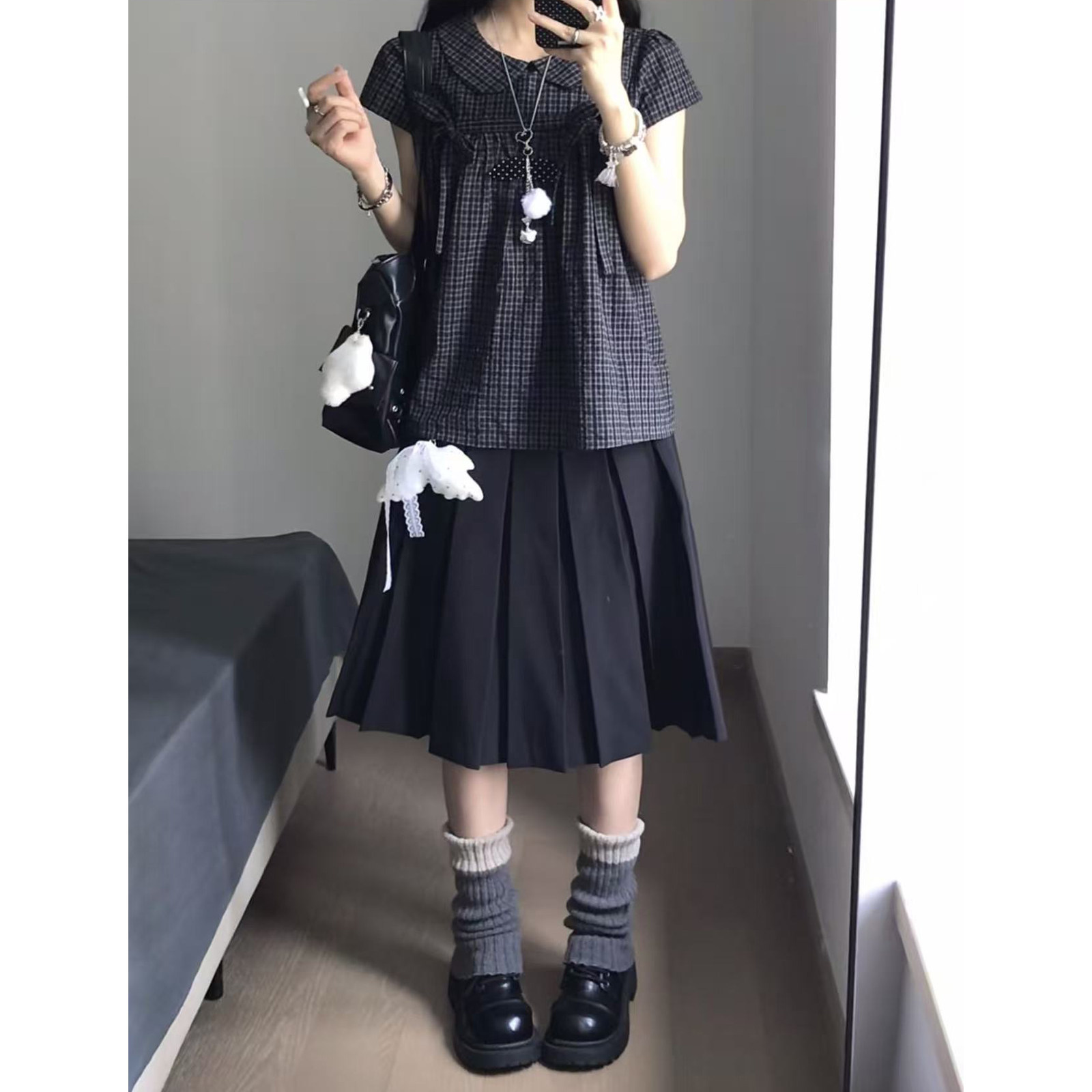 日系套装娃娃领格纹绑带短袖衬衫女黑色百褶jk半身裙学院风两件套
