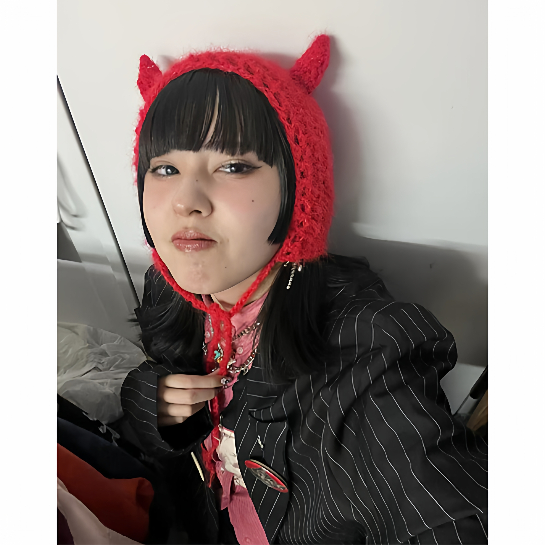 搞怪红色小恶魔牛角帽包头针织帽