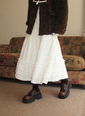 芍药居「雪顶泡芙」法式白色毛呢半身裙女秋冬甜美百搭a字中长裙