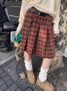 学院风红色格子a字半身裙女春秋冬新年氛围感高腰百搭百褶裙中裙