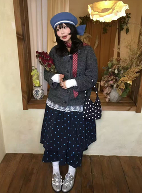 日系灯芯绒藏蓝色波点半身裙女双层蓬蓬蛋糕裙休闲伞裙子中长裙