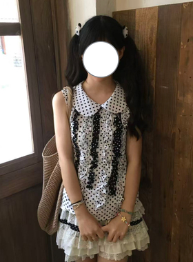 日系古着感穿搭套装木耳边波点娃娃领无袖衬衫蕾丝蛋糕半裙两件套