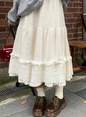 尺尺间Lsland加厚毛绒白色半身裙女冬季甜美蕾丝花边a字中长裙子