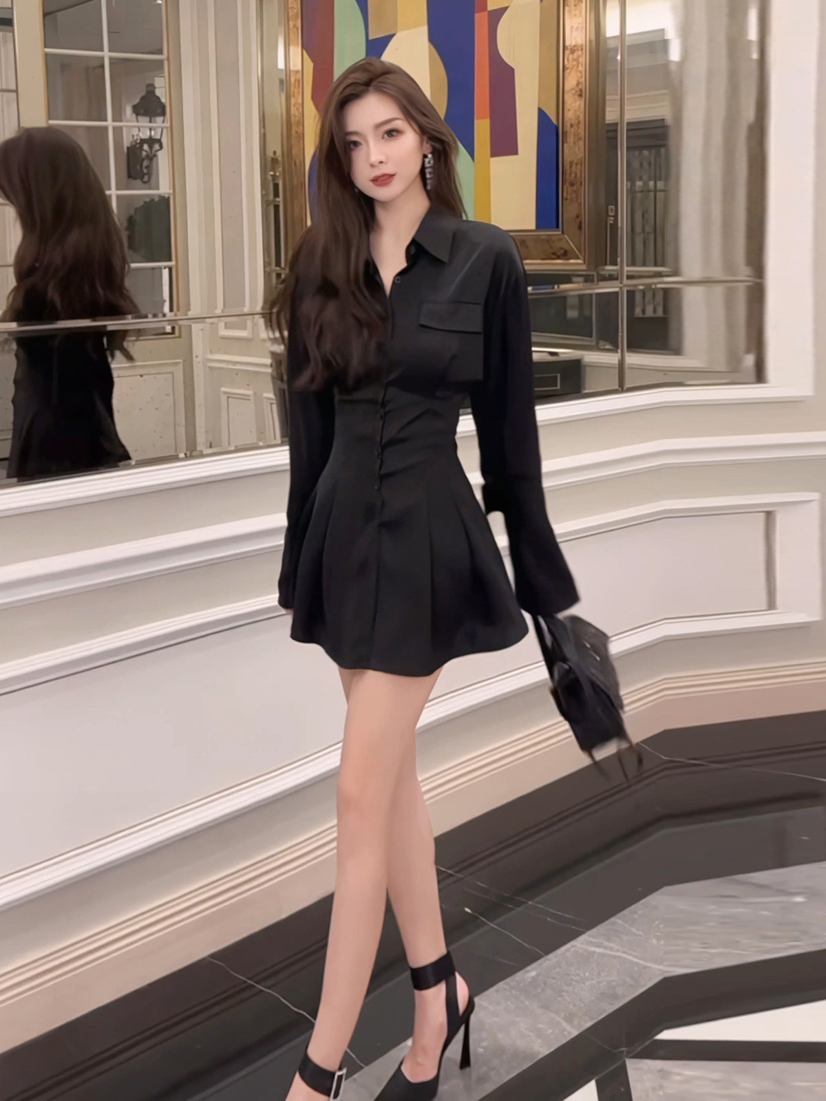 法式高级感辣妹收腰衬衫连衣裙女装春秋2026新款长袖短裙子酷飒风