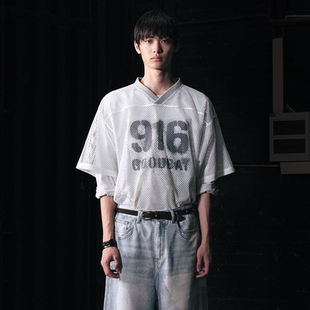 T恤 logo仿喷漆印花网面V领短袖 GOODBAI 916