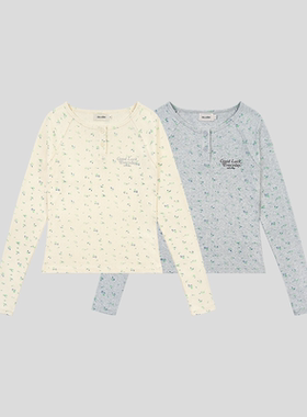 GOODBAI Good Luck Everyday slogan印花碎花圆领插肩长袖T恤