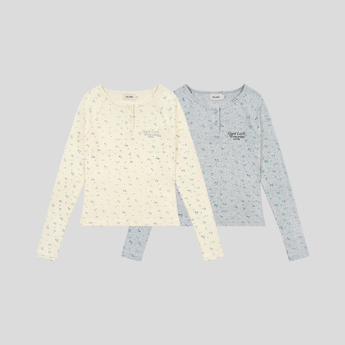 GOODBAI Good Luck Everyday slogan印花碎花圆领插肩长袖T恤