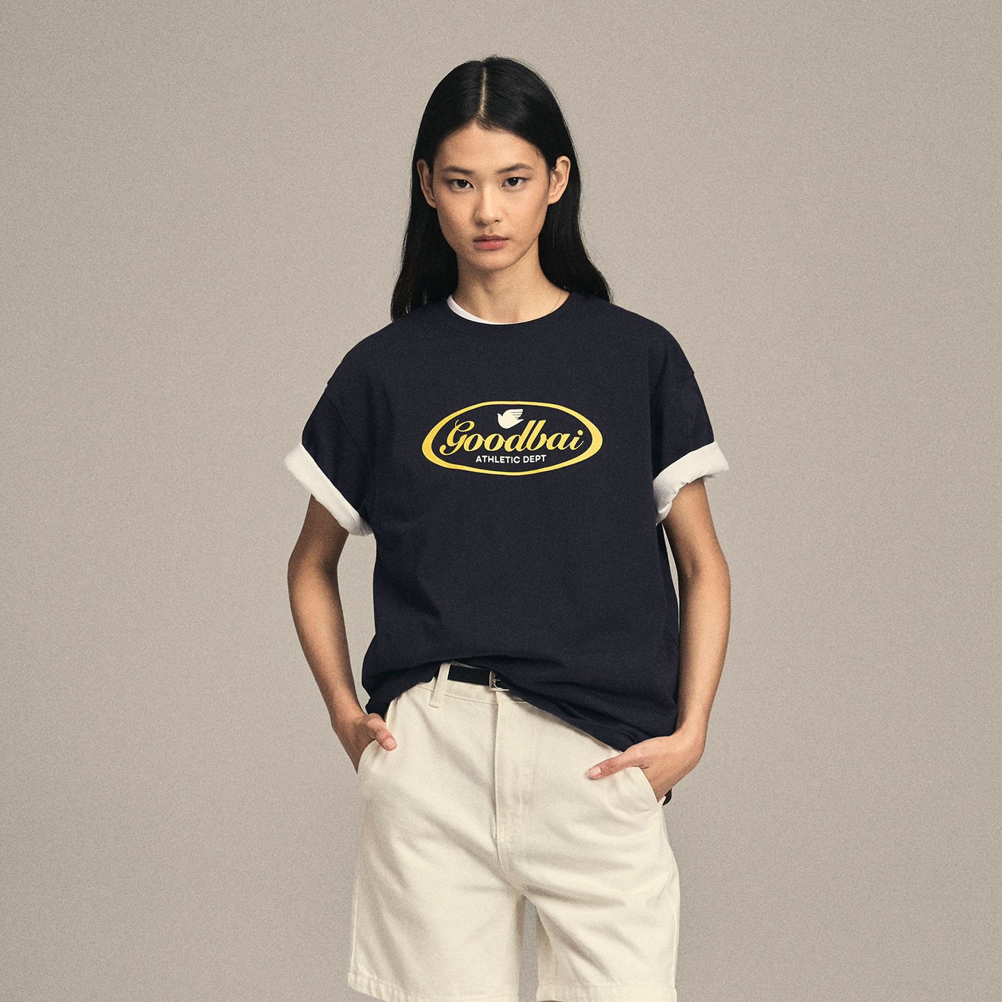 GOODBAI 男女同款圆标白鸽logo印花圆领oversize短袖T恤