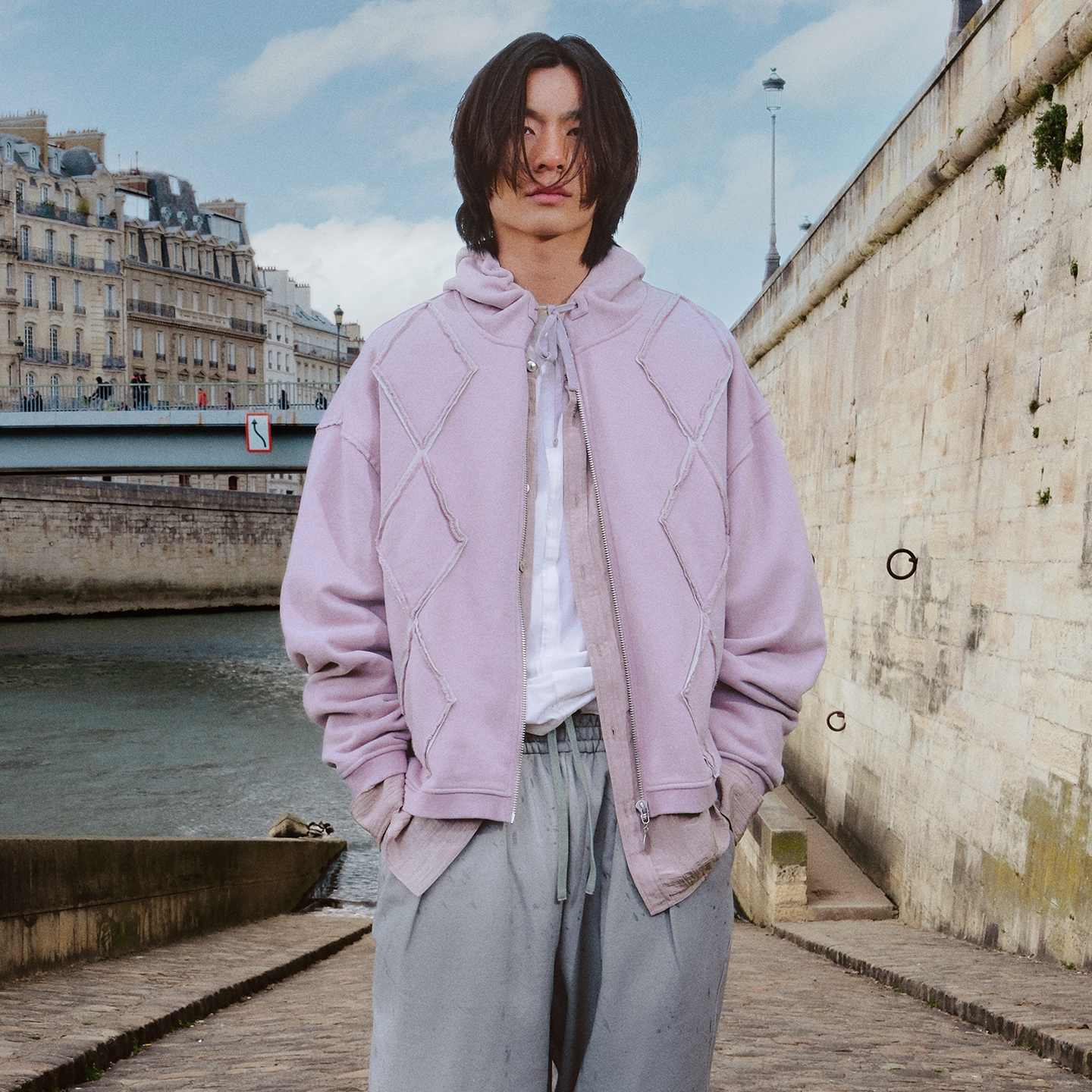 GOODBAI 916 菱形贴布连帽抽绳拉链宽松卫衣