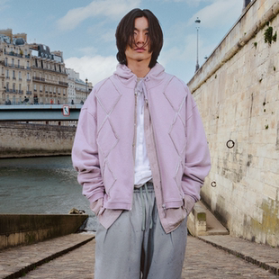 GOODBAI 菱形贴布连帽抽绳拉链宽松卫衣 916