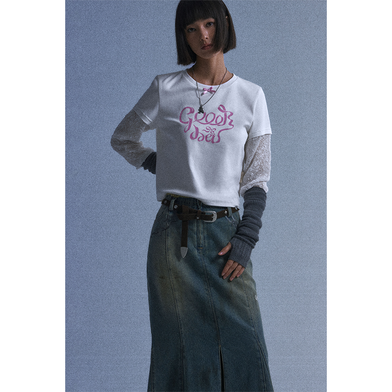 GOODBAI GOODEES飘带印花logo镂空拼接长袖T恤
