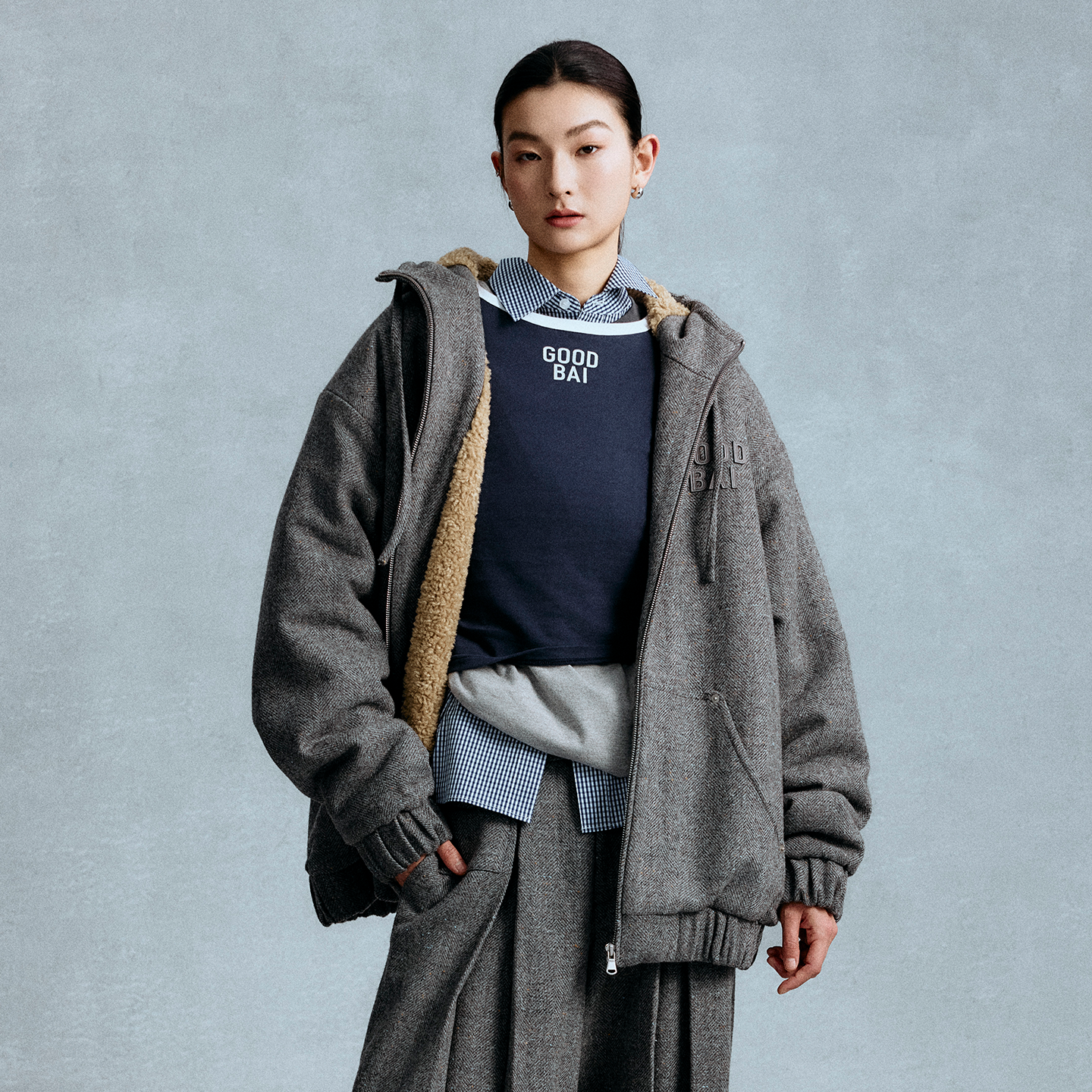 GOODBAI 冬季新款垂感连帽拉链保暖毛呢外套