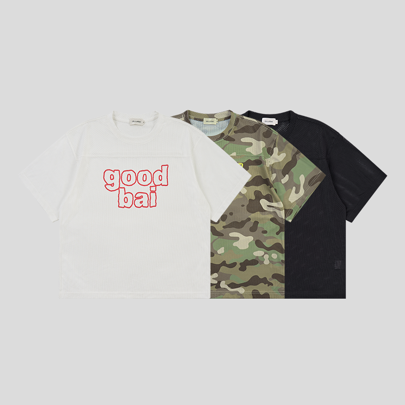 GOODBAI 粗体镂空小写logo撞色印花圆领网眼oversize短袖T恤