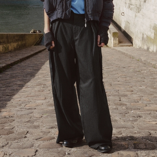 无腰带毛边条纹打褶直筒西裤 GOODBAI 916