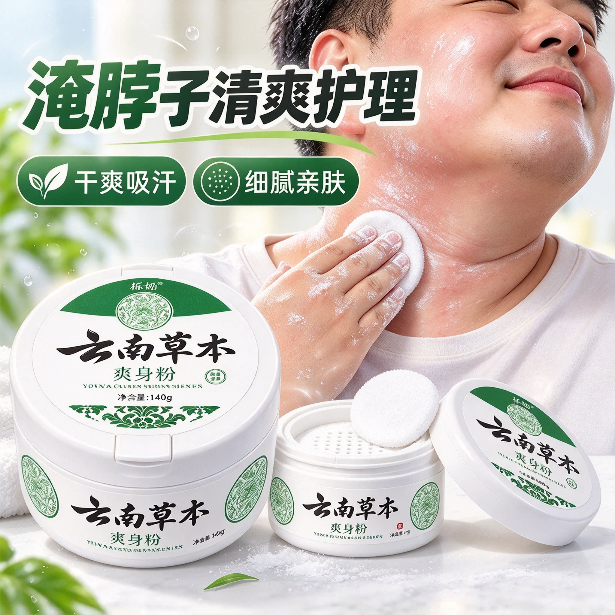 胖人脖子褶皱积汗容易闷红不适草本爽身粉粉质柔和清爽护肌肤