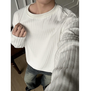 T005 2026春季新款肌理垂感条纹圆领长袖T恤潮流宽松打底衫 P30，男装T恤，电商A115