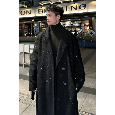 JW001 过膝长款毛呢大衣男士星空设计加棉毛呢风衣外套 P168限248