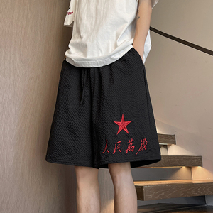 人民万岁刺绣短裤男款夏季美式cleanfit泡泡纱速干裤子潮牌五分裤图片