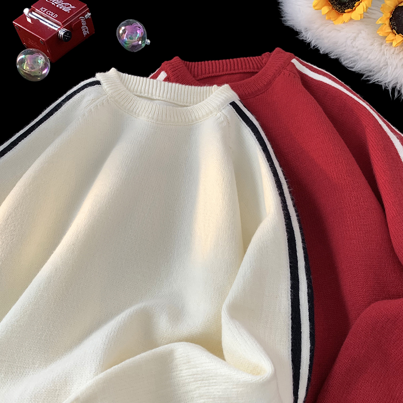 M6011 秋冬套头圆领毛衣男潮流插肩袖拼接撞色毛衫 特P45无差价