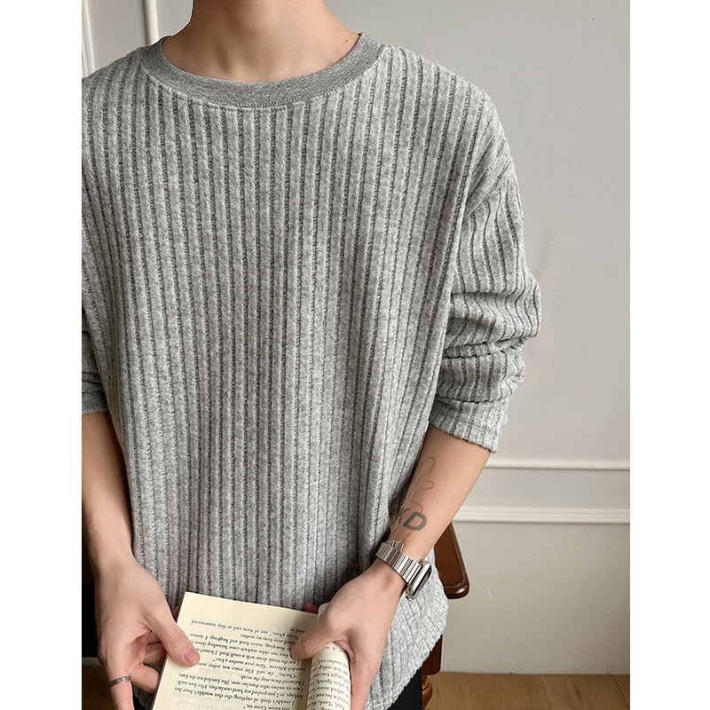 T0052026春季新款肌理垂感条纹圆领长袖T恤男潮宽松打底衫P30，男装T恤，电商A115