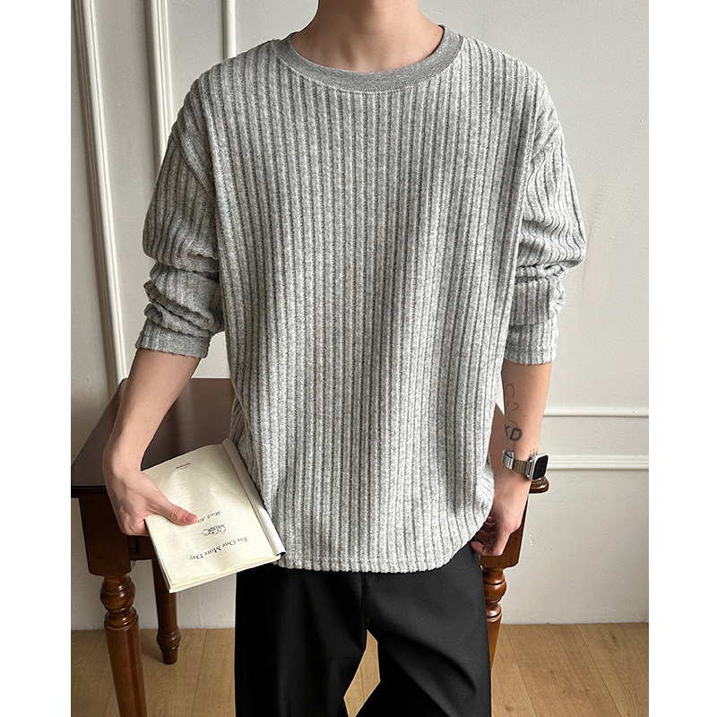 T0052026春季新款肌理垂感条纹圆领长袖T恤男宽松套头打底衫P30，男装T恤，电商A115