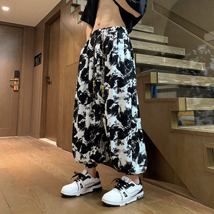 K130 新中式风休闲裤水墨纹扎染垂感冰丝花裤子男宽松灯笼裤图片