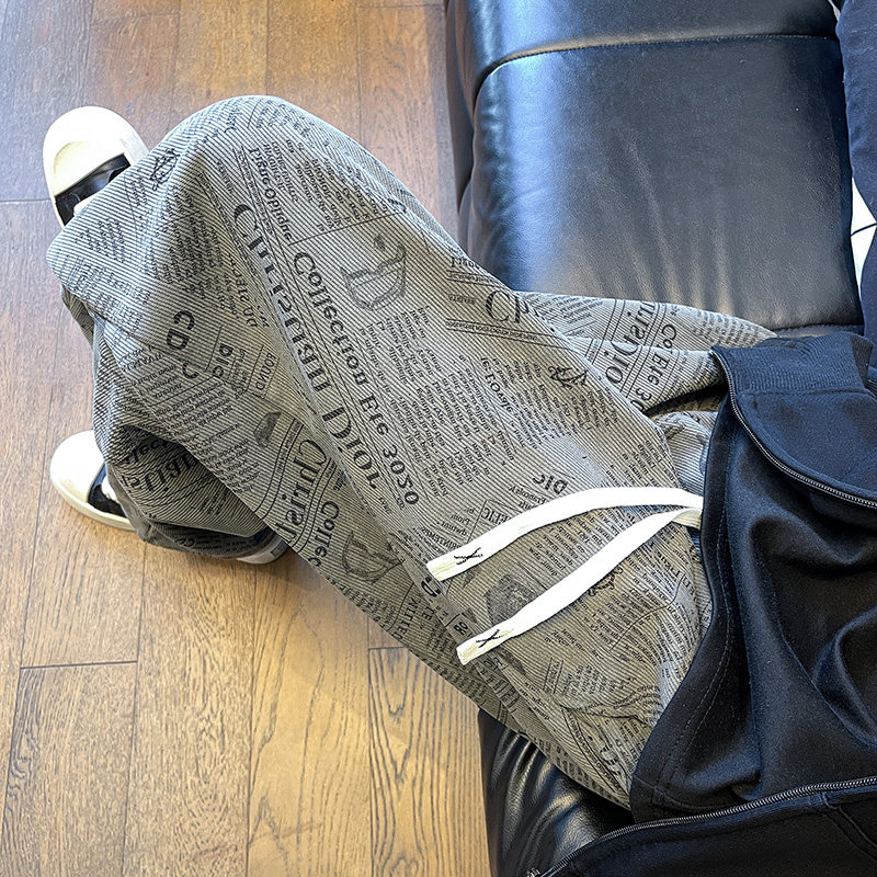 K1001报纸印花加绒加厚休闲裤男潮流宽松直筒裤特P30加绒P38,男装卫衣,电商A115