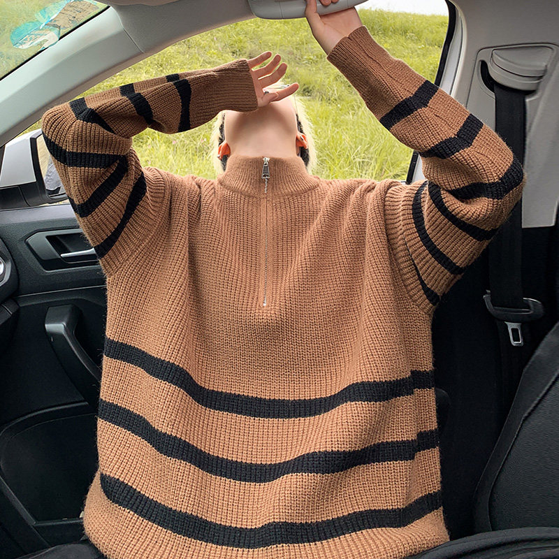 M550秋冬卡其套头半拉链立领毛衣男潮宽松条纹针织衫P55无差价,男装针织衫/毛衣,电商A115