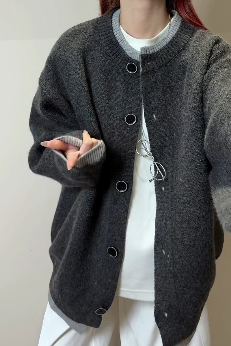 M716美式慵懒风拼接假两件针织开衫圆领毛衣男潮宽松外套P65,男装针织衫/毛衣,电商A115