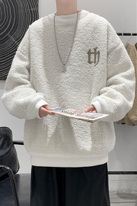 9006 冬季新款加绒加厚羊羔毛卫衣男潮牌宽松保暖白色外套 P75图片