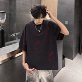 T02夏季美式高街潮牌破洞烧花圆领短袖T恤男大码宽松上衣P50，商品下架区，电商A115