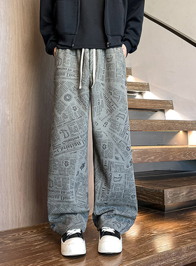 K1001 春季报纸印花休闲裤男潮流大码宽松直筒裤子 特P30无差价