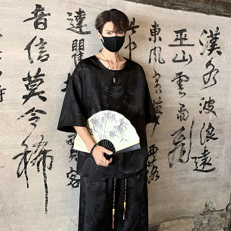 TK500新中式风冰丝垂感龙纹短袖T恤套装男潮七分裤两件一套，男装T恤，电商A115