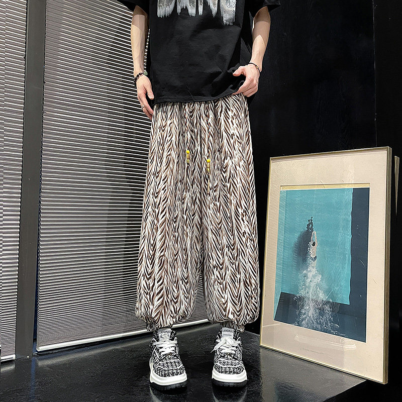 K67风麦穗纹印花灯笼裤男潮宽松休闲裤冰丝垂感阔腿裤P50,男装休闲裤,电商A115