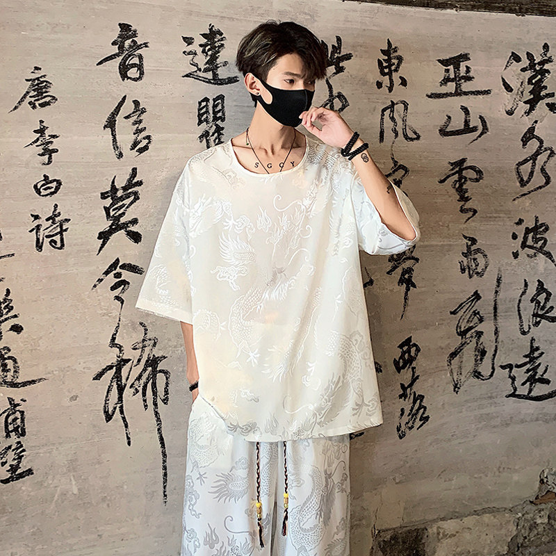 TK500新中式风冰丝垂感龙纹短袖T恤套装男潮七分裤两件一套,男装T恤,电商A115