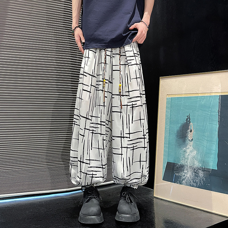 K60风印花灯笼裤男潮牌大码宽松休闲裤冰丝垂感阔腿裤P50,男装休闲裤,电商A115