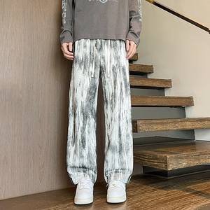 K32 春季白色扎染休闲裤男大码宽松直筒阔腿裤子 特P35 无差价，男装休闲裤，电商A115