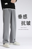 K116港风阔腿裤男大码垂感拖地休闲裤子宽松直筒灰色西裤P45，男装西裤，电商A115