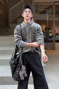 T004 2026春季新款中领长袖T恤男松弛感纹理宽松套头打底衫 P30图片