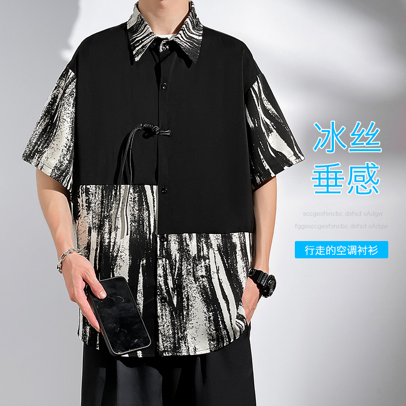 C666-特P35无差价  新中式中国风拼接短袖衬衫男大码宽松盘扣衬衣