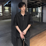 TZ1104夏季冰丝半拉链短袖T恤套装男大码松弛感宽松两件一套P65，商品下架区，电商A115