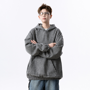 W160 港风春季新款条纹连帽卫衣男潮大码宽松休闲套头外套 P75图片