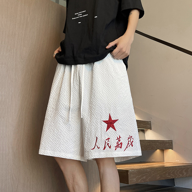 DK07夏季新款人民万岁刺绣泡泡纱短裤男潮大码宽松休闲裤特P25,男装牛仔裤,电商A115